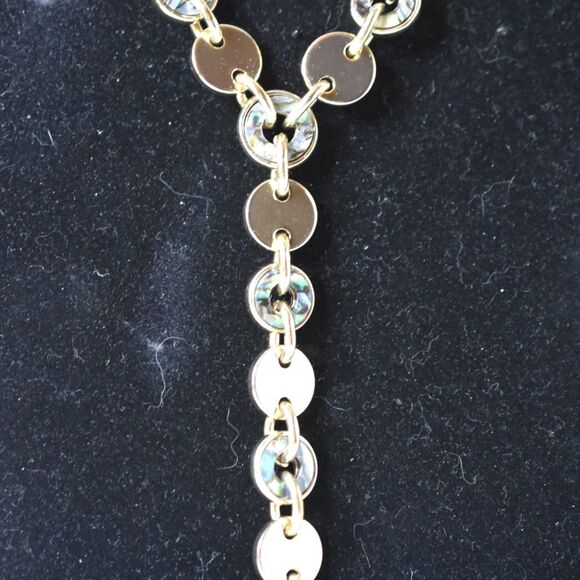 Vintage EC Y Shaped Flapper Style Abalone/Gold Tone Disc Link Statement Necklace - Picture 2 of 4